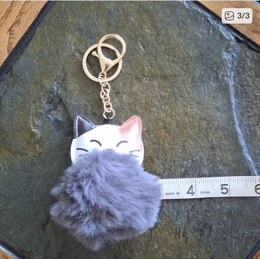 Cute Cat Keychain with Fluffy Caramel Pom Pom